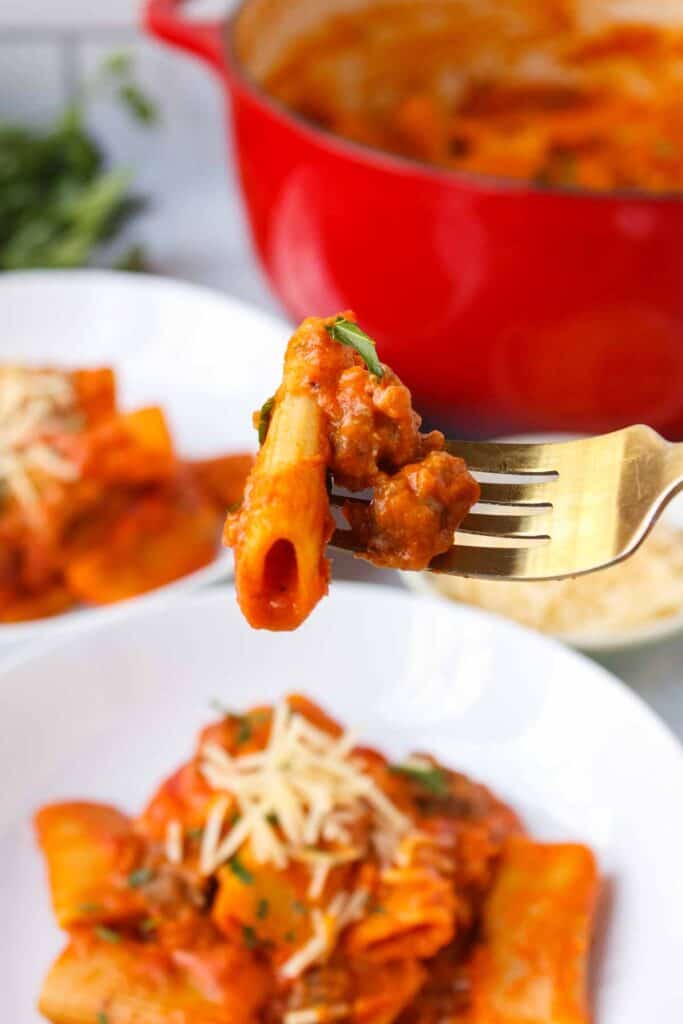 Creamy One Pot Rigatoni on a fork