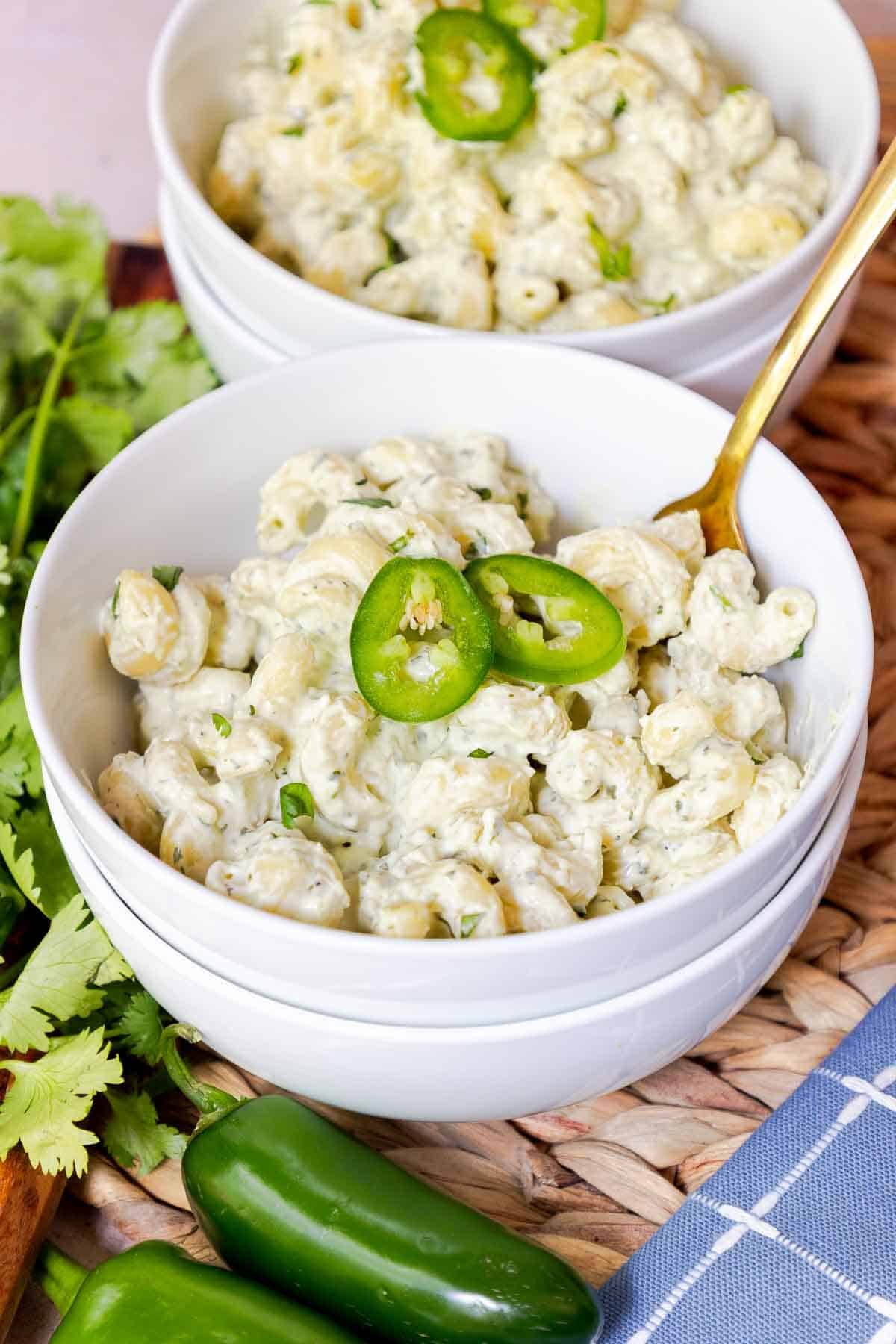 Bowl of creamy jalapeño cellentani pasta.
