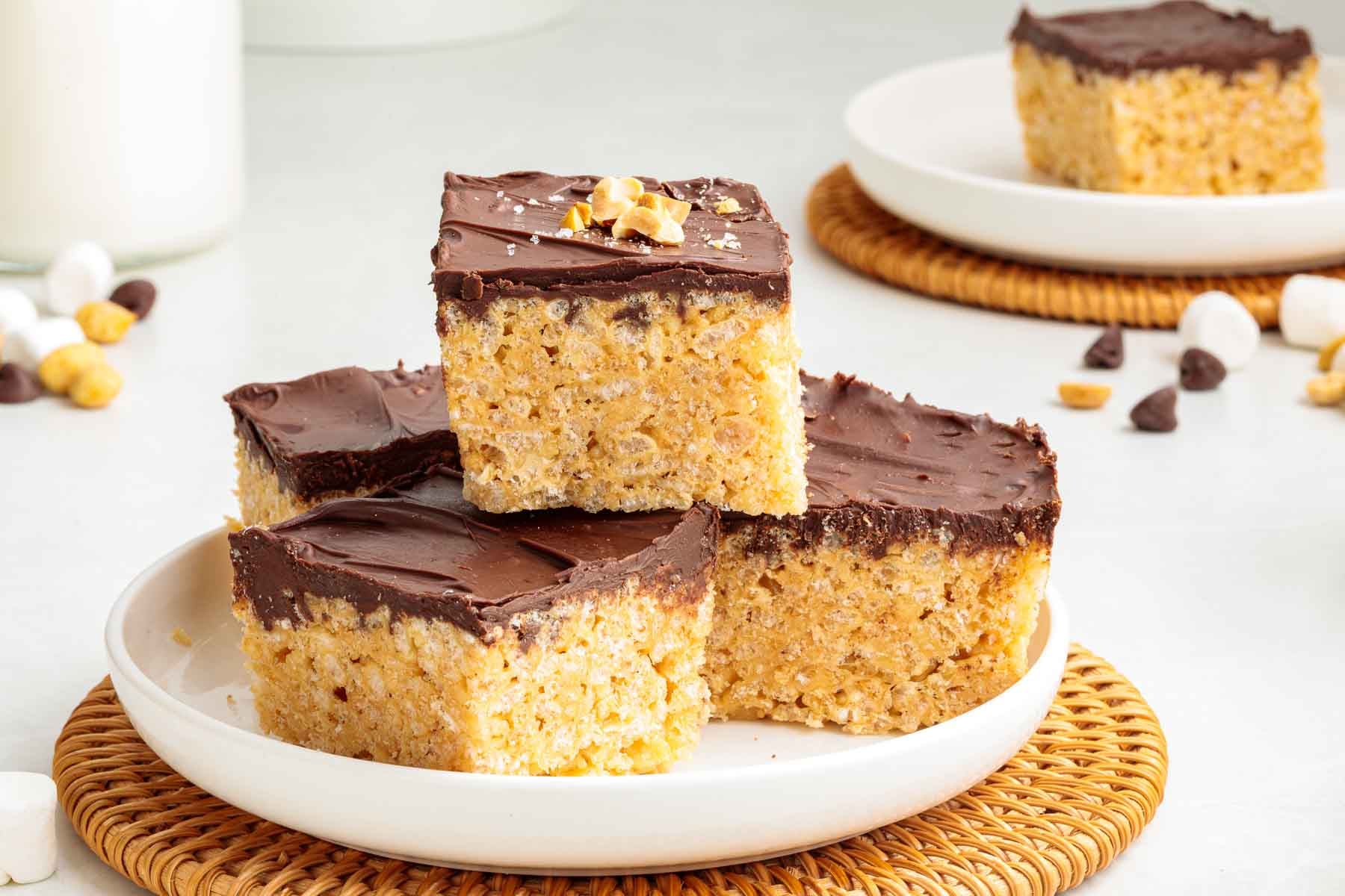 A pyramid stack of peanut butter chocolate Rice Krispies treats.