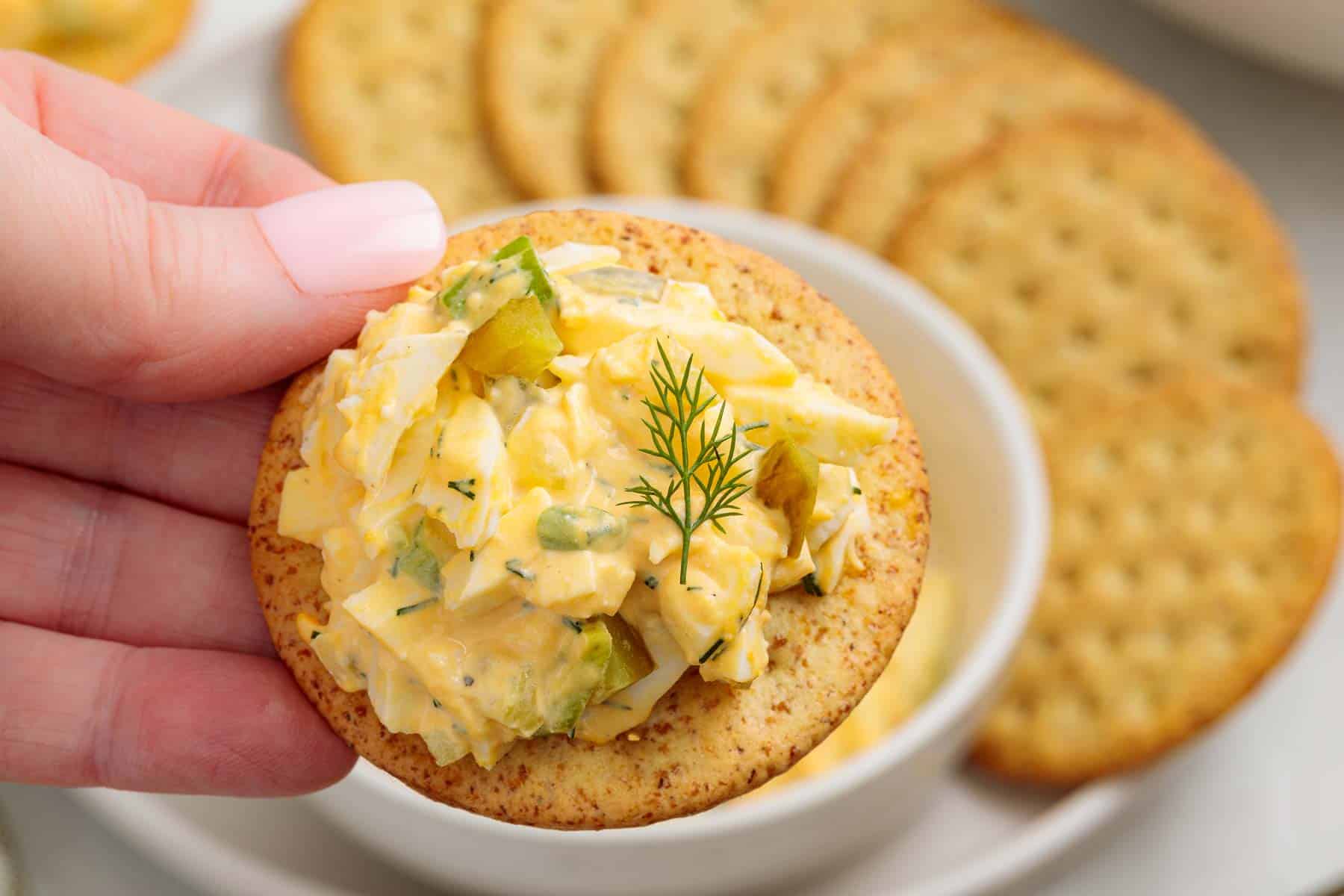 Hand holding a round cracker topped with creamy dill pickle egg salad with visible chunks of egg, pickles, and herbs, with more crackers and dip blurred in the background.