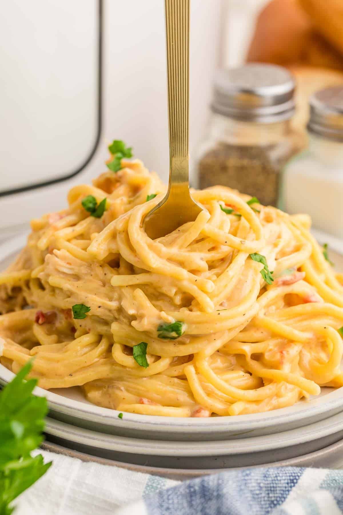 A fork lifts several strands of creamy Rotel chicken spaghetti from a plated serving. Shredded chicken and chopped parsley are visible among the noodles.