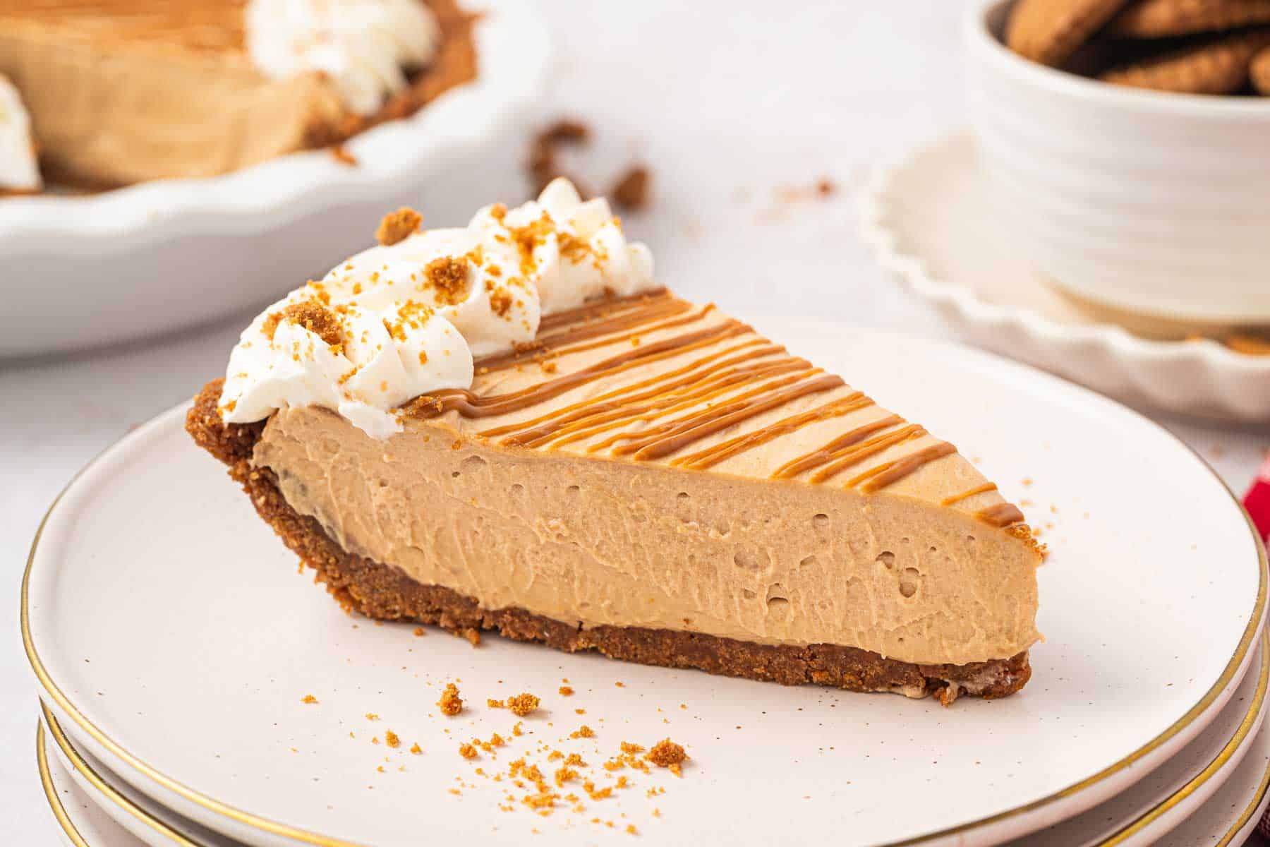 Single slice of no bake Biscoff cookie butter pie showing the thick creamy filling and Biscoff cookie crust. Whipped cream and cookie crumbs top one end and melted cookie butter is drizzled across the surface.