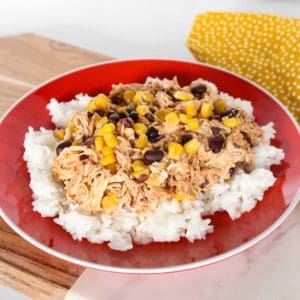 Tex-Mex chicken on a bed of rice.
