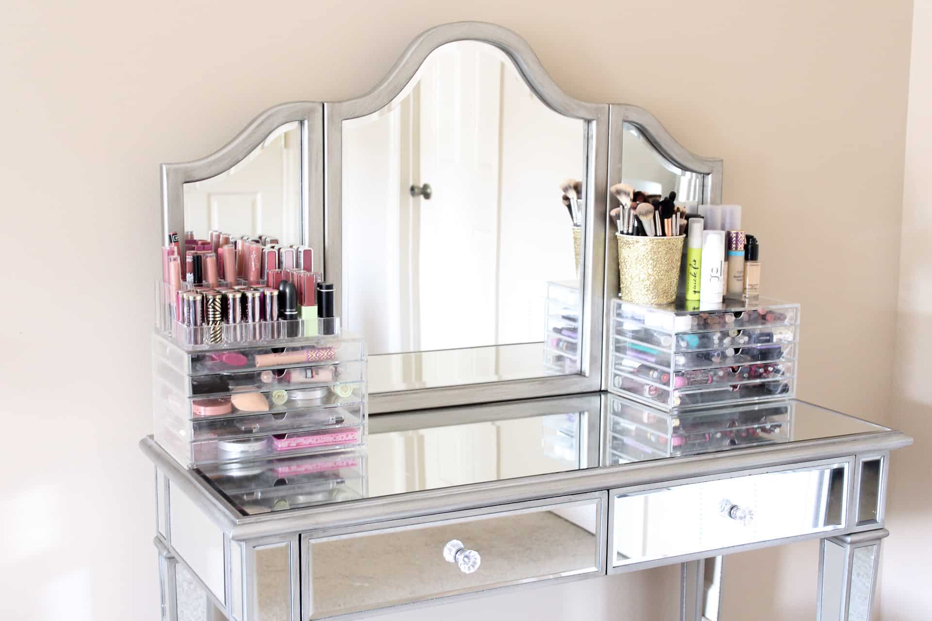 My Makeup Vanity And Makeup Storage Makeover Mirrored Vanity Kelsey Smith