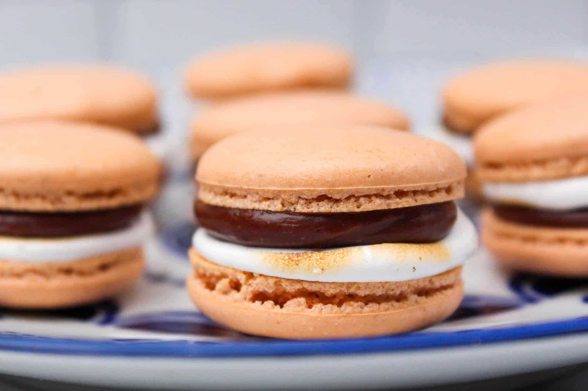 S'mores French Macarons on a plate.