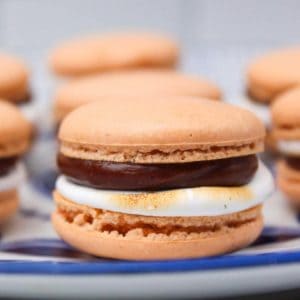 S'mores macaron with chocolate and marshmallow filling.