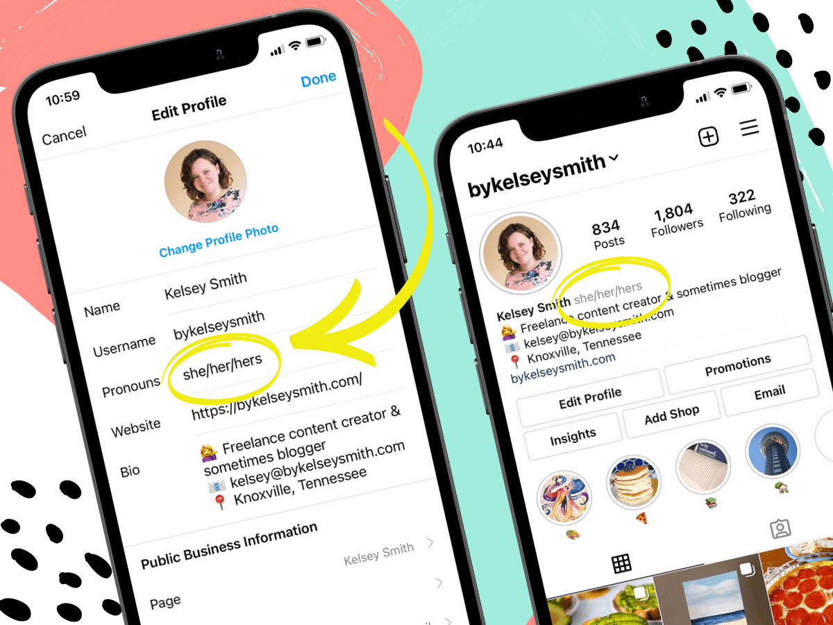 Two side-by-side screenshots of an Instagram profile displaying pronouns she/her/hers