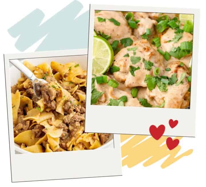 Polaroid of coconut lime chicken overlapping polaroid of ground beef and egg noodles.
