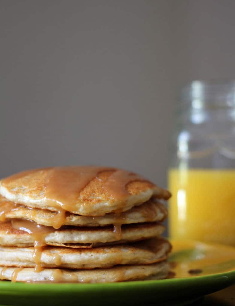 Bisquick Banana Pancakes with Peanut Butter Syrup.