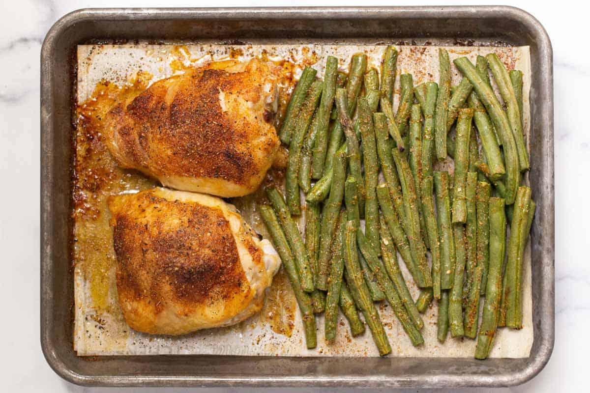 Chicken Thighs and Green Beans on a Quarter-Size Sheet Pan.