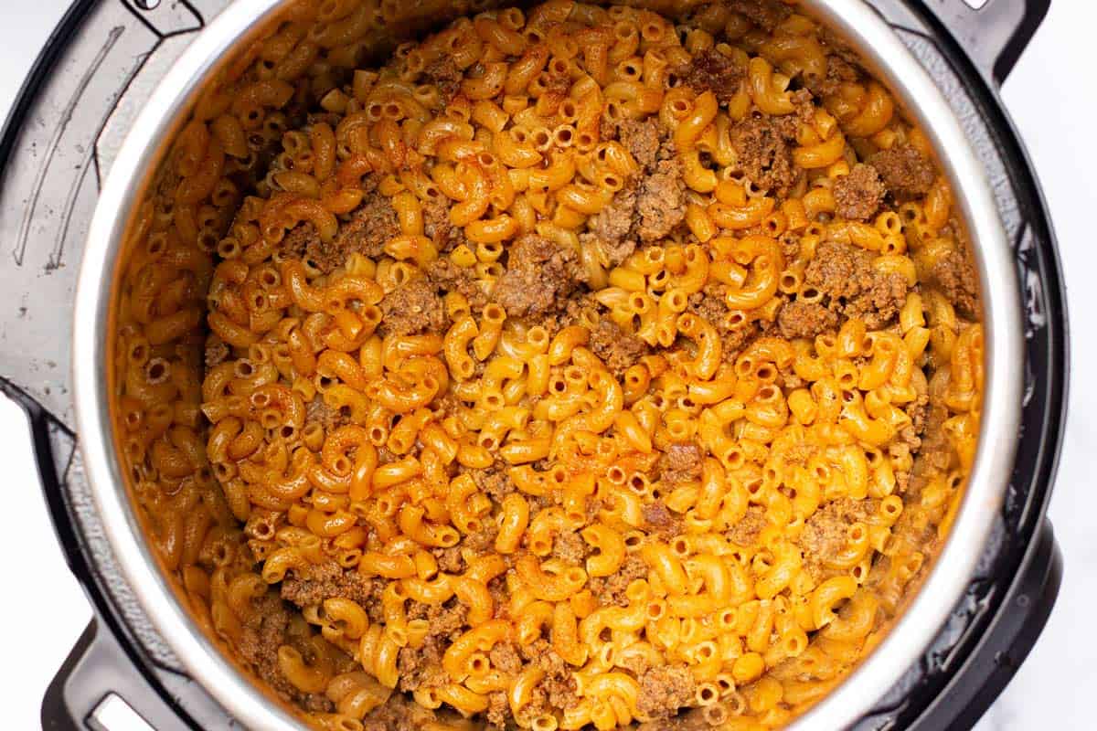 Macaroni and ground beef cooked after high pressure for 4 minutes.