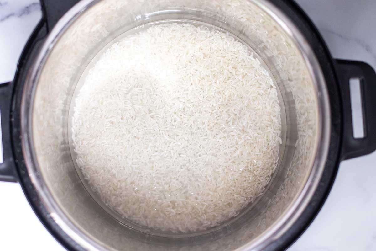 Uncooked rice in the Instant Pot with water.