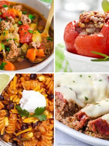 Four images in a grid: cabbage soup, stuffed peppers, taco pasta, and meatloaf.