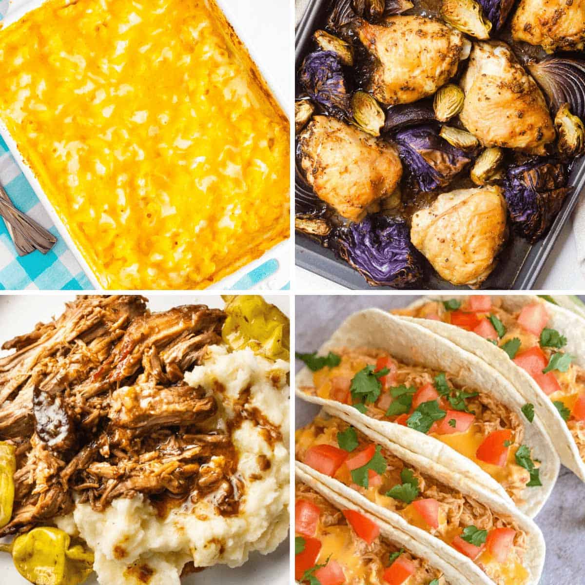 Four Sunday dinner ideas: mac and cheese, chicken thighs, Mississippi pot roast, and tacos.