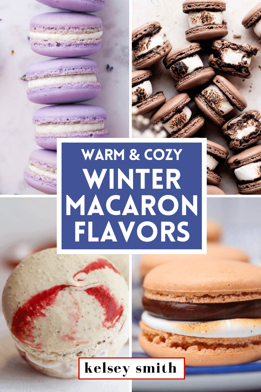 Four images in a grid. The top left image is three lavendar macarons stacked. The top right image shows several chocolate macarons on their side to show a toasted marshmallow filling. The bottom left image is a peppermint swirl macaron. The bottom right image is a s'mores macaron with ganache and marshmallow fluff filling.