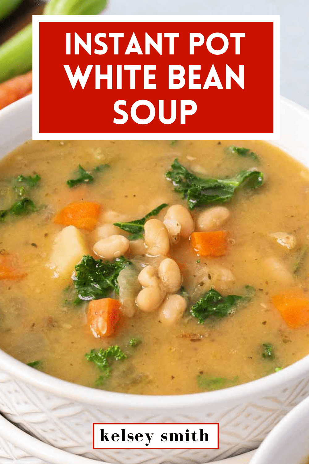 Made with dried navy beans and fresh vegetables, this creamy Instant Pot white bean soup is nutritious and budget-friendly. #vegetarian #vegan #glutenfree