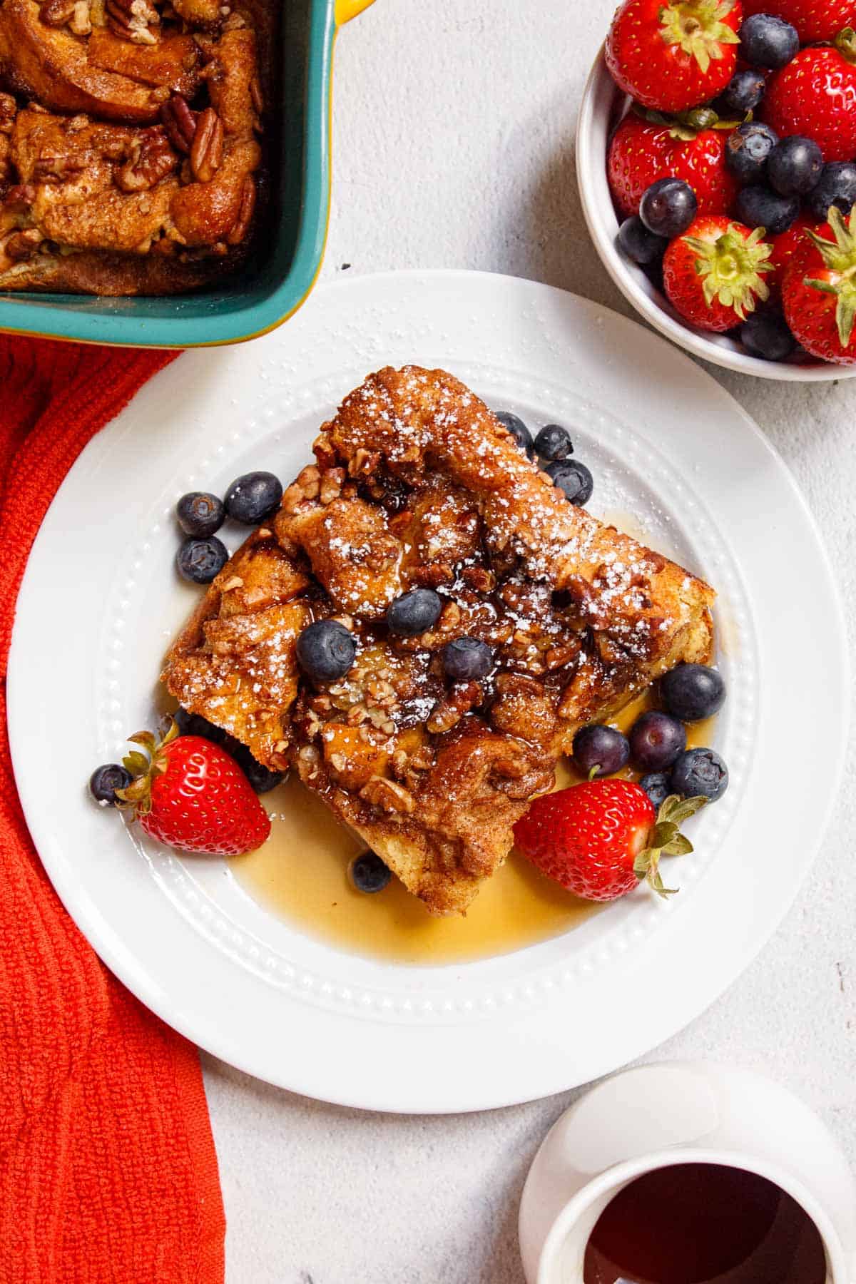 Square of French toast casserole.