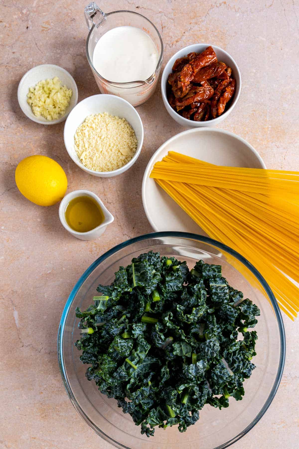 Creamy kale pasta ingredients.
