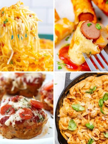 Collage with Rotel chicken spaghetti, hot dog casserole, mini pizza meatload, and sun-dried tomato pasta.