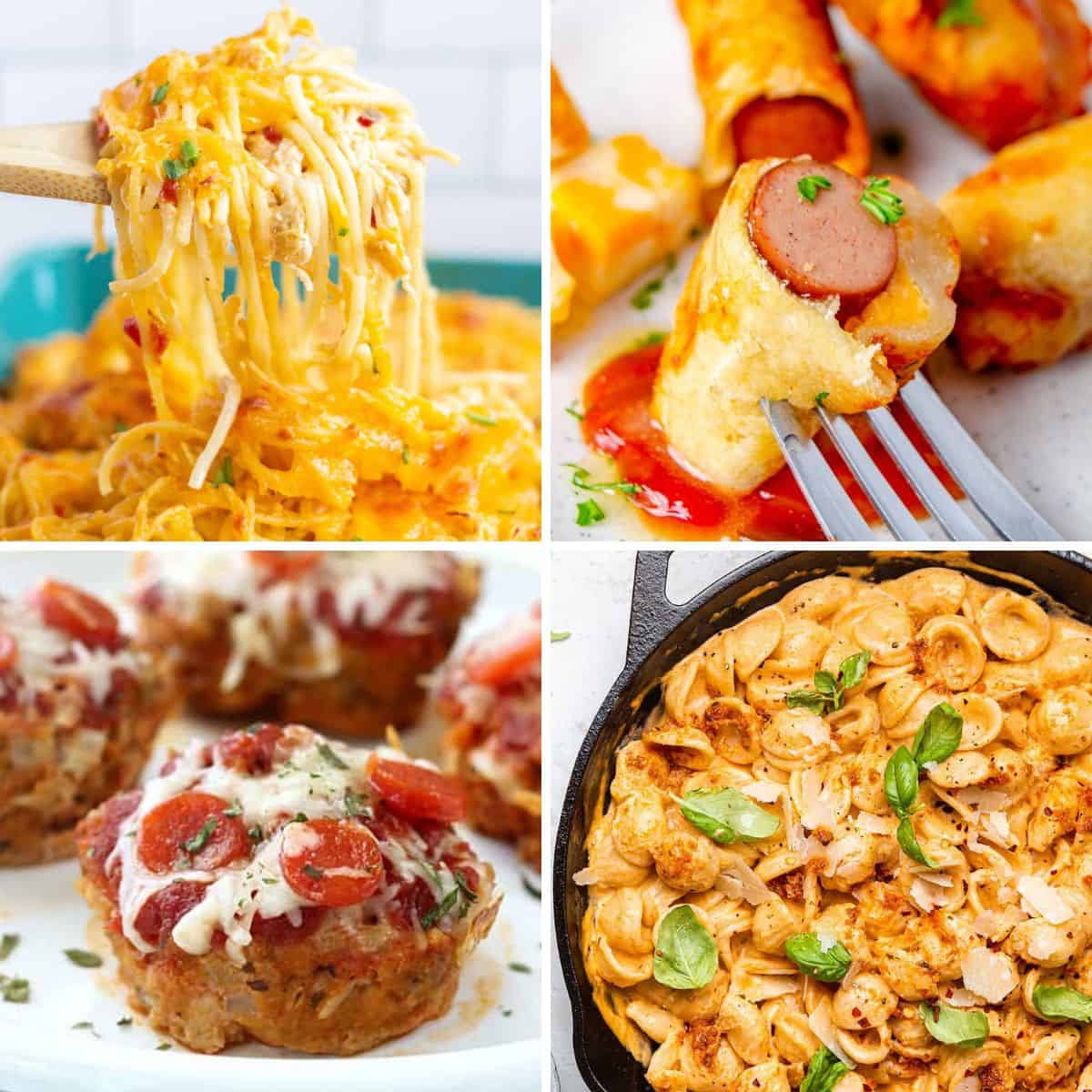 Collage with Rotel chicken spaghetti, hot dog casserole, mini pizza meatload, and sun-dried tomato pasta.