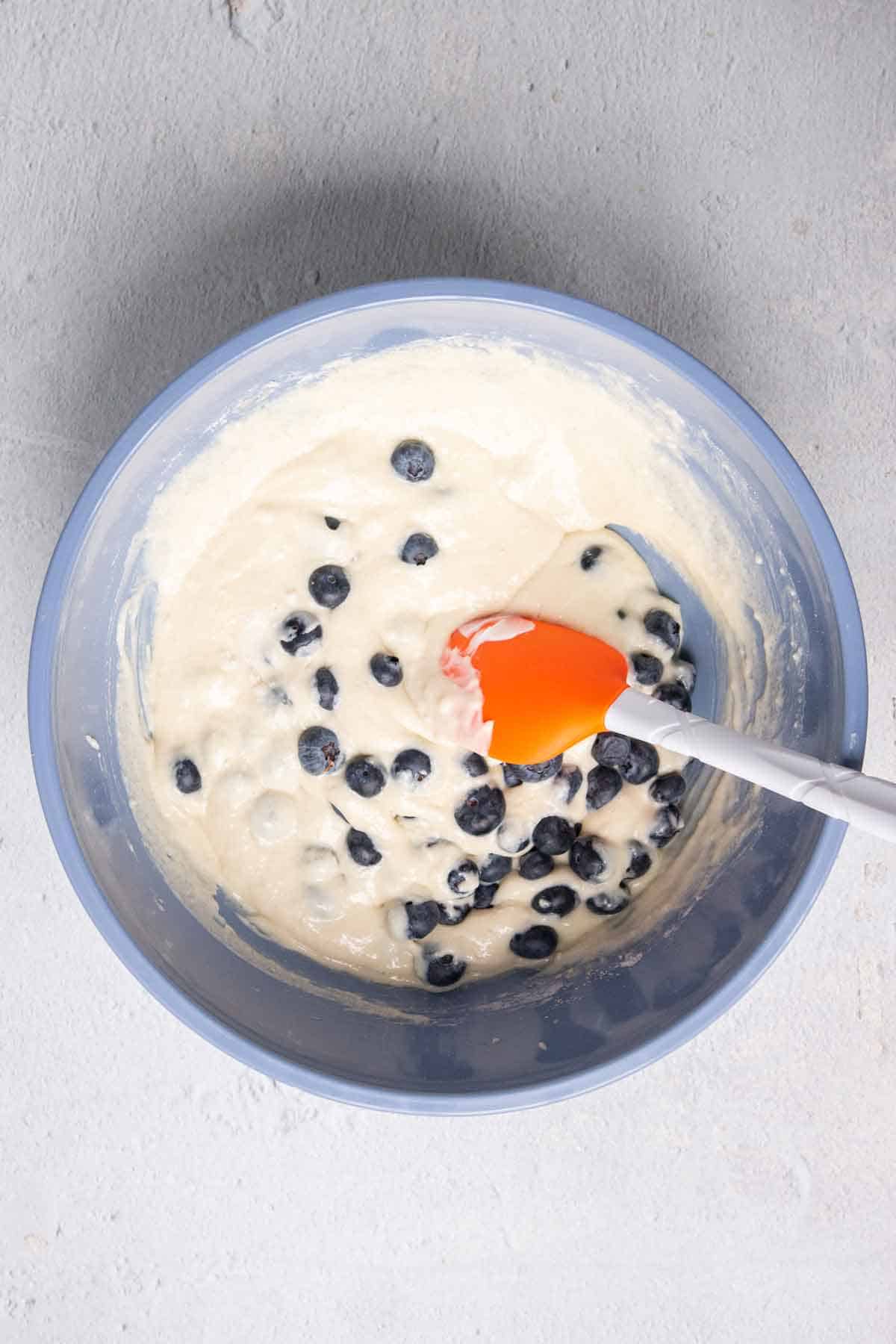 Bisquick Blueberry Coffee Cake batter in a mixing bowl