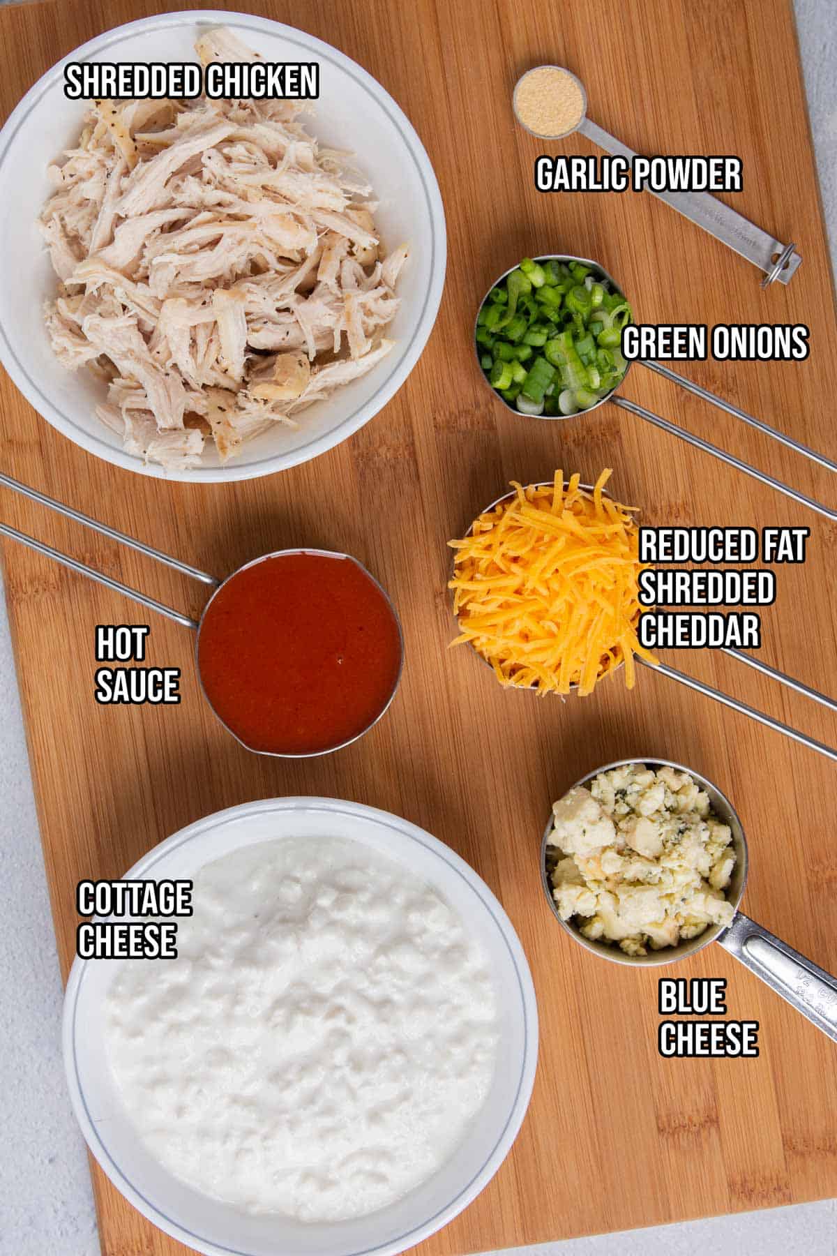 Healthy buffalo chicken dip ingredients.