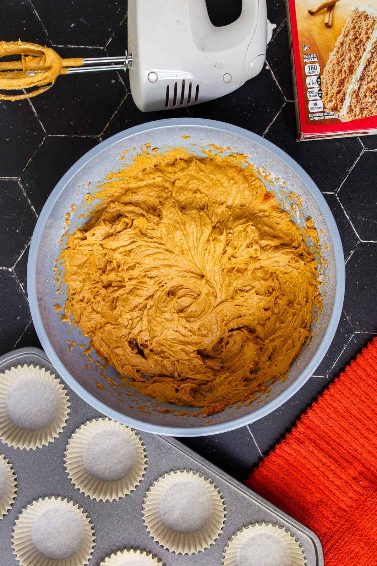 2-Ingredient Pumpkin Muffins batter in a mixing bowl