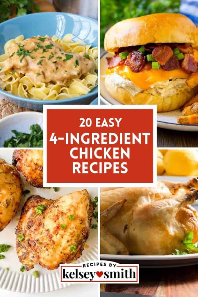 Four chicken recipes: chicken sandwich, chicken thighs, whole chicken, and chicken breast