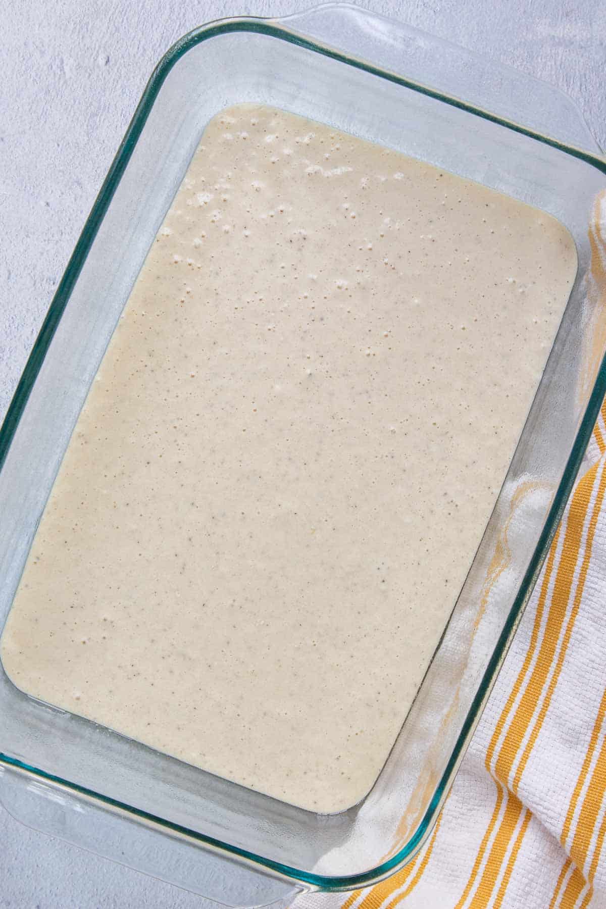 Bisquick mixture in a 9 by 13 baking dish