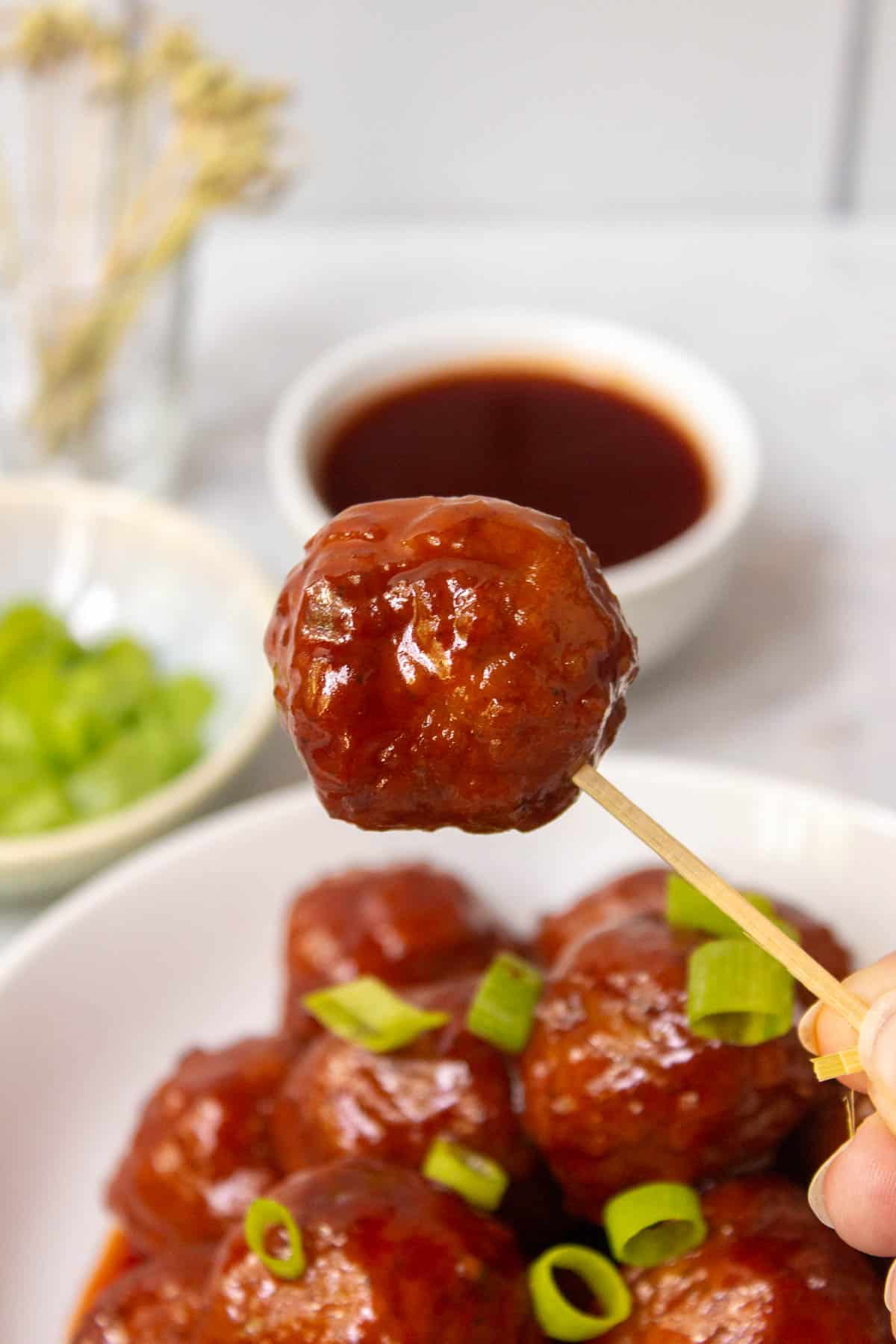Instant Pot Grape Jelly Meatball on a toothpick