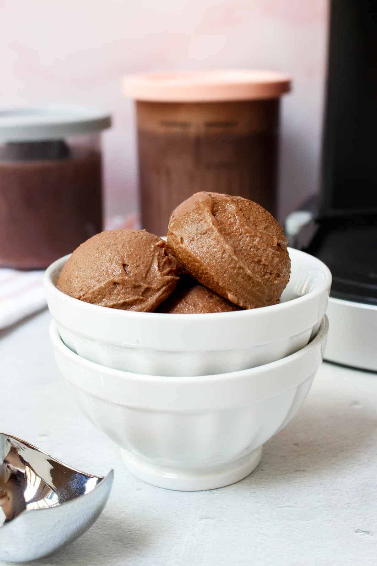 Scoops of Ninja Creami Chocolate Protein Ice Cream in a small bowl