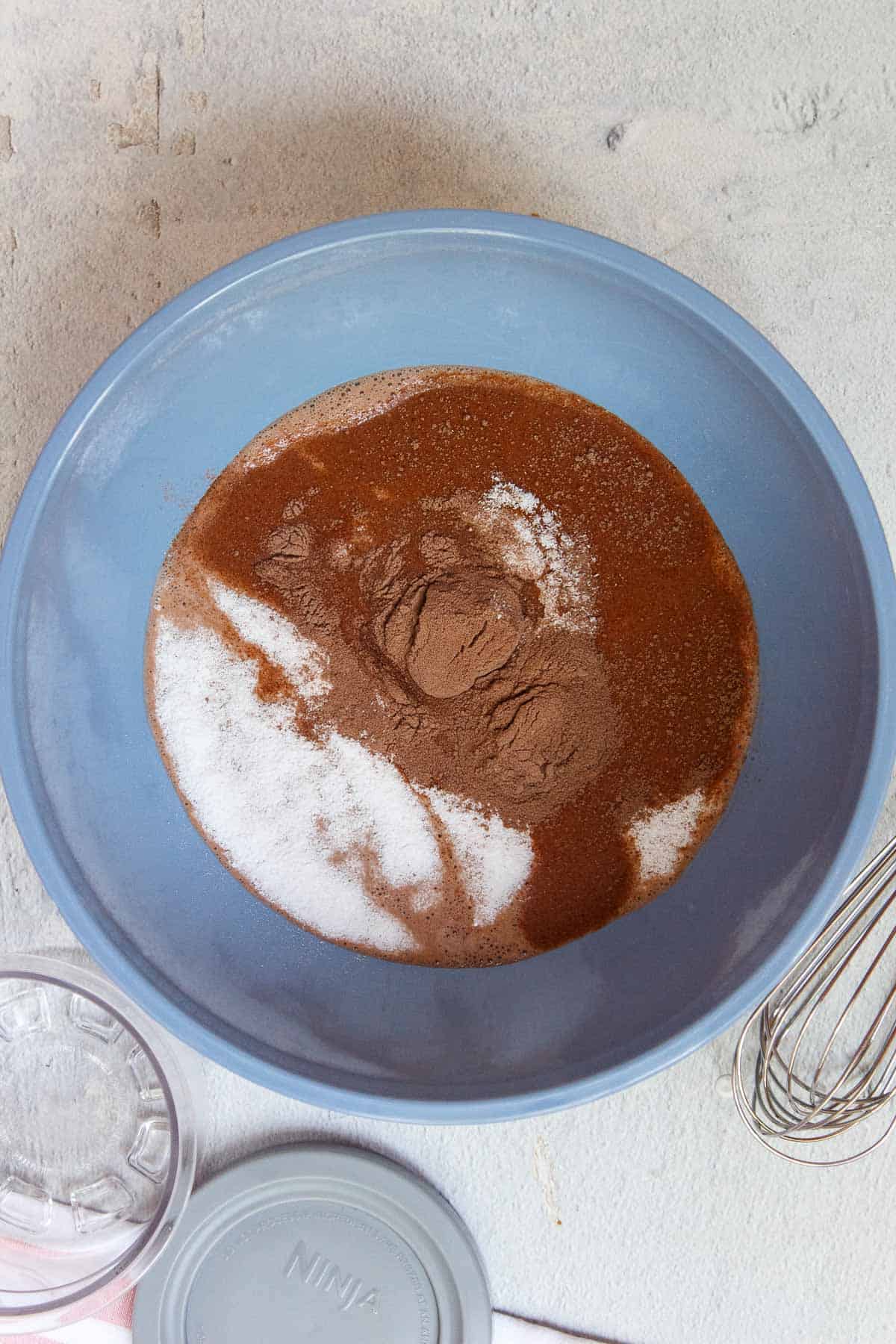 Ninja Creami Chocolate Protein Ice Cream ingredients in a mixing bowl