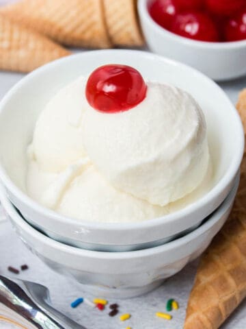 Ninja Creami Vanilla Ice Cream with a cherry on top