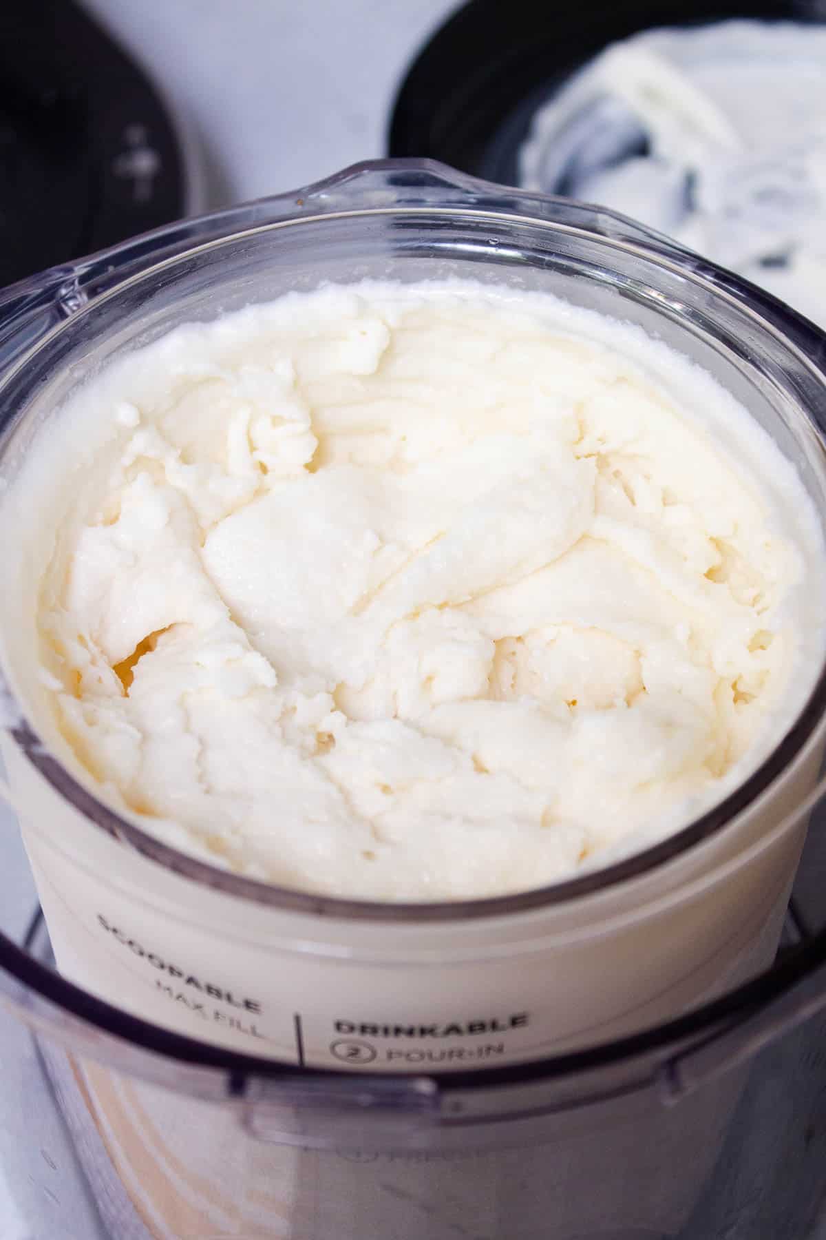 The processed vanilla ice cream has a creamy texture