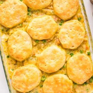 Easy chicken pot pie casserole with biscuits