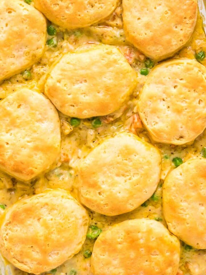 Easy chicken pot pie casserole with biscuits