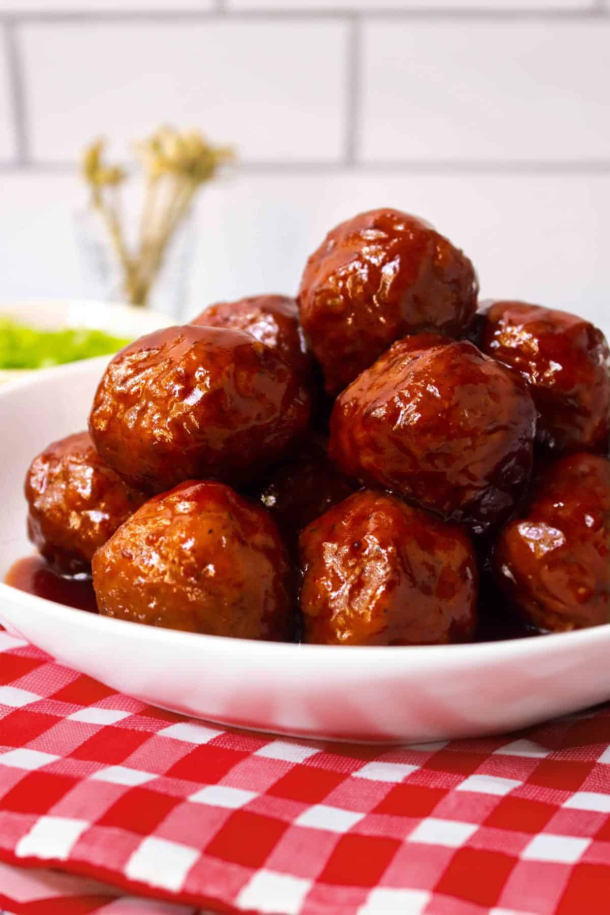 Grape jelly meatballs in a bowl
