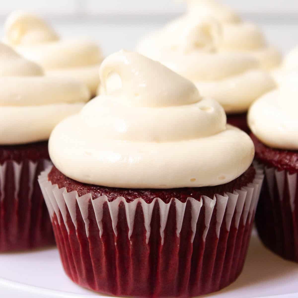 Red velvet cupcakes with Cool Whip cream cheese frosting