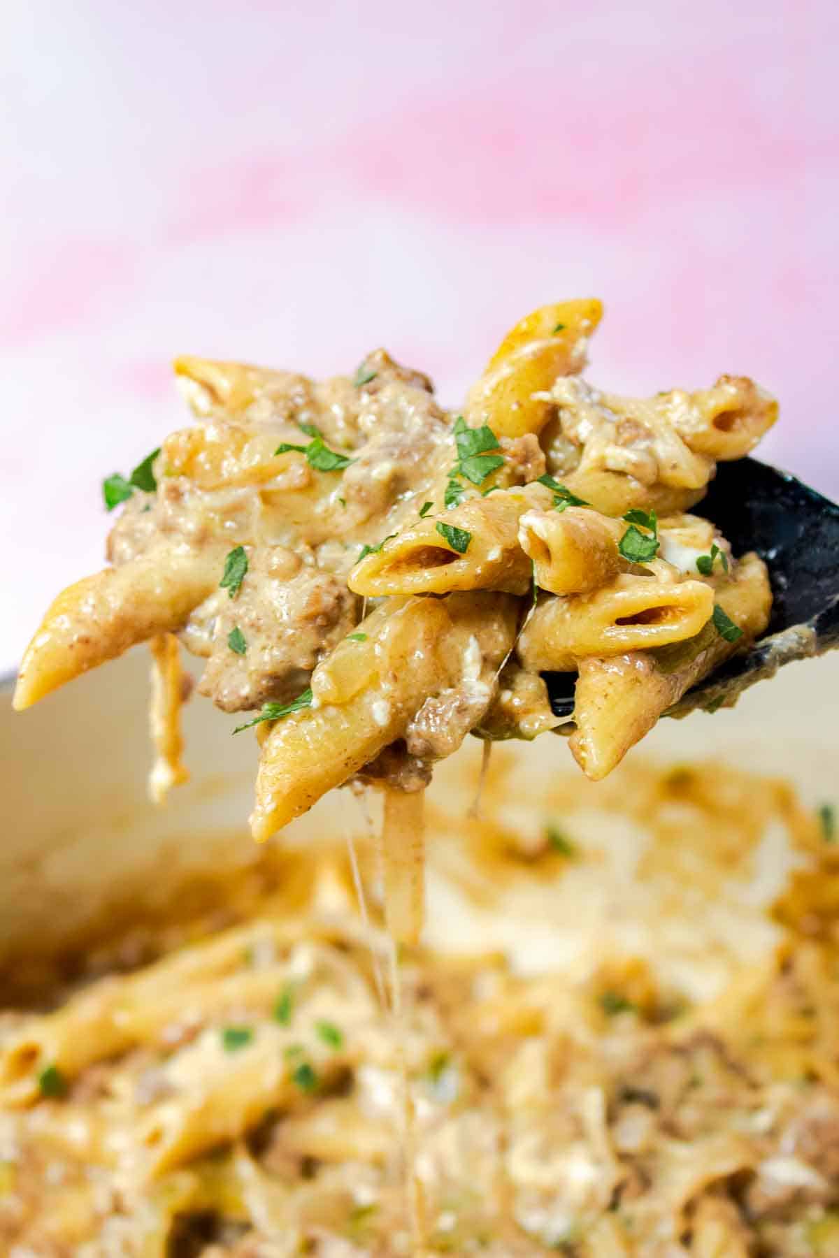 Spoonful of One Pot Philly Cheesesteak Pasta