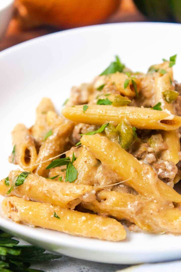 One Pot Philly Cheesesteak Pasta - By Kelsey Smith