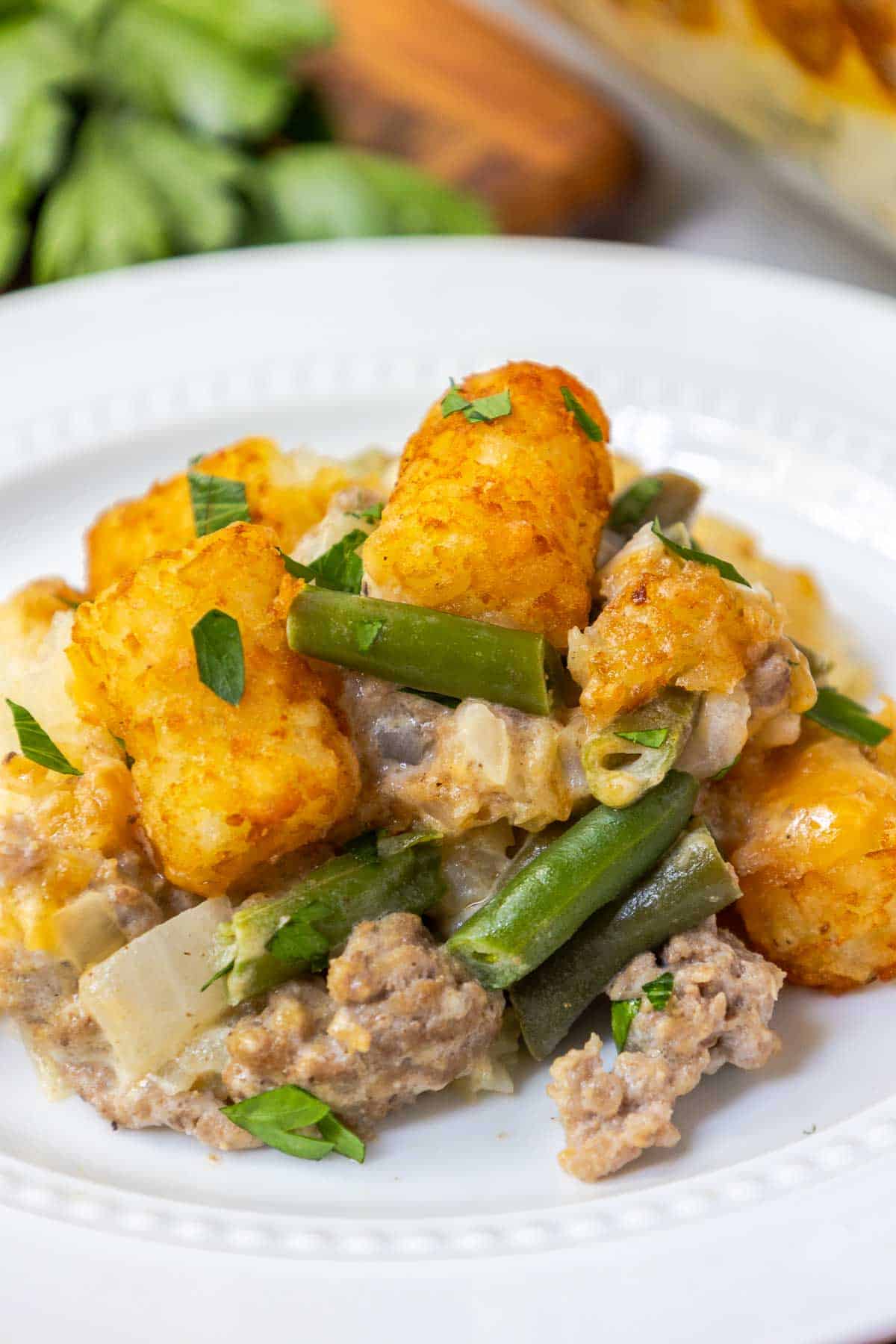 Green bean tater tot casserole wit cheese and ground beef