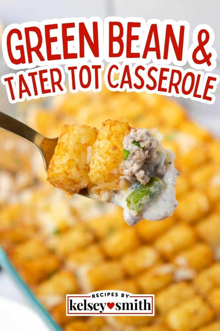 Green bean tater tot casserole with ground beef and cheddar cheese.