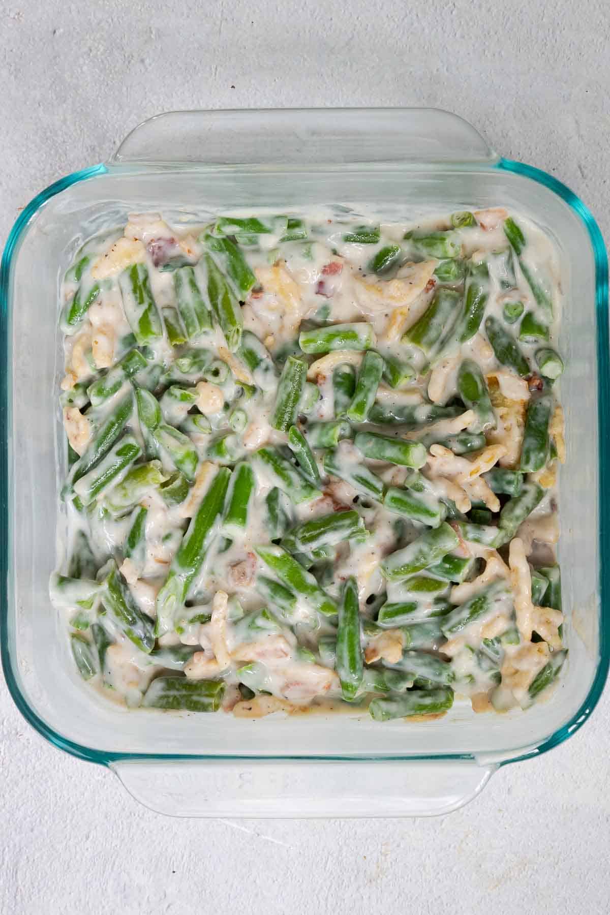 The green bean mixture is mixed directly in the 8 by 8 inch baking dish.