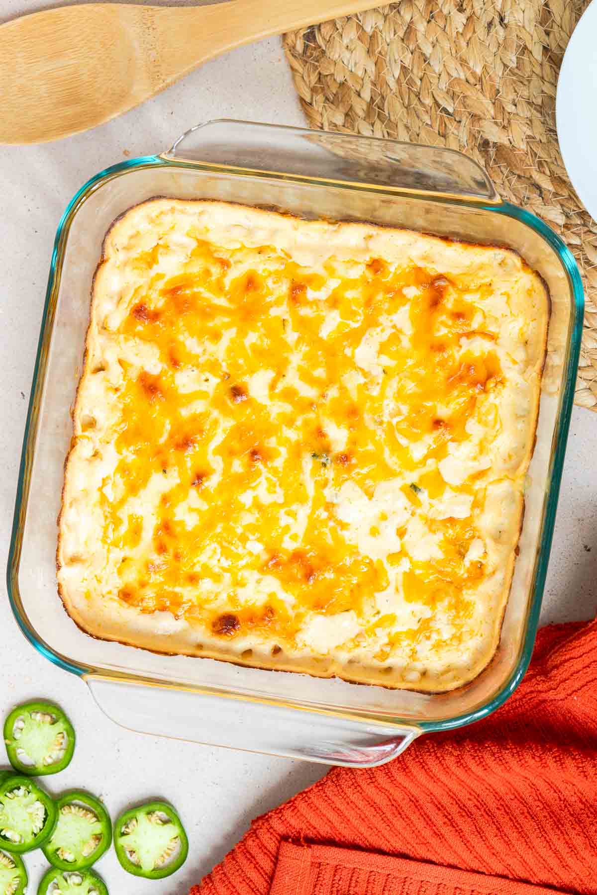 Creamy Jalapeño Corn Casserole baked until the cheese on top is golden.