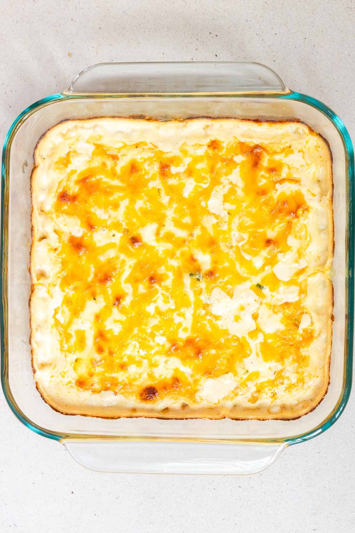 The Jalapeño Corn Casserole is baked until the cheese is golden and the casserole is bubbling.