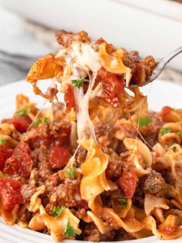 Ground beef noodle casserole with mozzarella cheese.