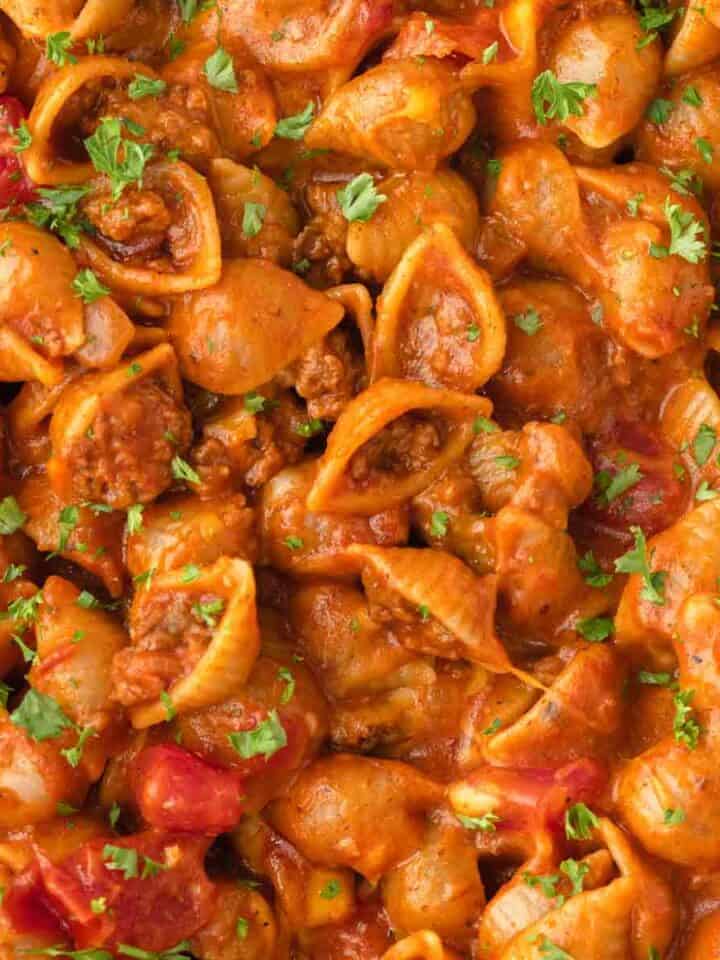 Easy One Pot Cheesy Taco Pasta.