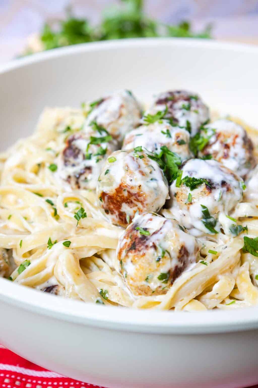 Chicken Meatballs with Fettuccine Alfredo - By Kelsey Smith