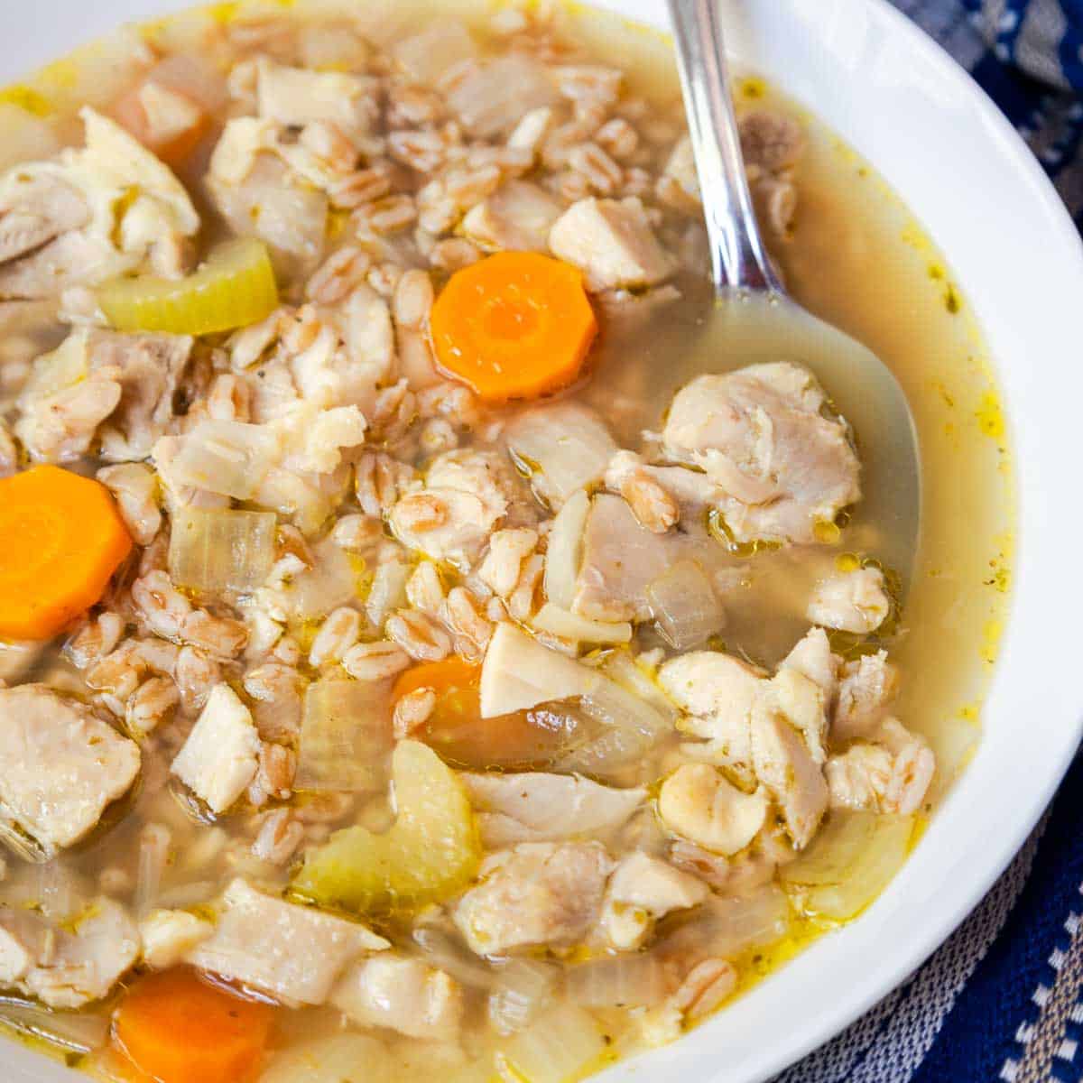 Chicken soup with carrots, onions, celery, and farro.