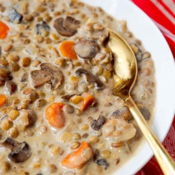 Bowl of creamy mushroom and lentil soup with carrots and onions.